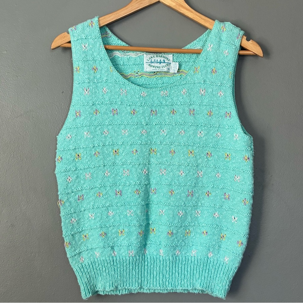 Vintage 90s Pastel Knit Sweater Vest | Seafoam Preppy Grandmillennial M - Picture 2 of 7